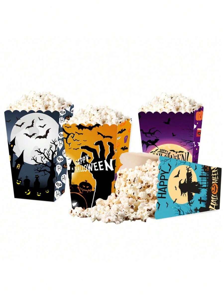 24/4 件万圣节蝙蝠和幽灵图案爆米花纸盒、血迹图案炸薯条盒、万圣节装饰性零食盒、万圣节派对中心装饰物、粉色蜘蛛网图案糖果盒、礼品盒，适用于万圣节派对、家居和厨房装饰以及烘焙用品 - 彩色 - 查看 1