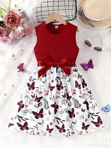 Rochie de decor cu fundă fără mâneci cu fluturi și florale pentru fete, modă elegantă, potrivită pentru îmbrăcăminte în aer liber primăvara/toamna, poate fi oferită ca cadou - roșu - Vizualizare 1