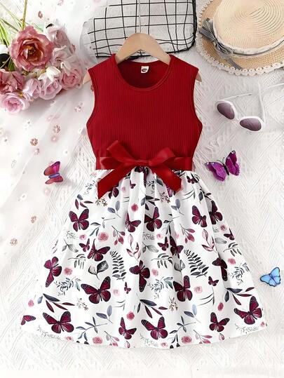 女孩蝴蝶结和花朵无袖蝴蝶结装饰连衣裙，优雅时尚，适合春秋季户外穿着，可作为礼物赠送