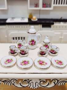 Juego de té vintage de 15 piezas con tetera, taza, plato y vajilla de cerámica blanca miniatura, modelo de casa, decoración de habitación, muebles para muñecas BJD/móviles y fotografía