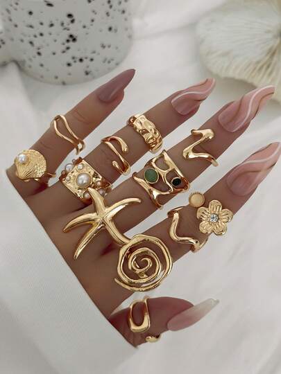 12 peças anéis de moda com pérolas e flores geométricas suaves em formato de estrela do mar, moedas vintage, estilo oceânico retrô, anéis de ouro clássicos para mulheres