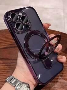 1pc Transparent Electroplated Shockproof Silicone Phone Case With Metal Sliding Stand/Protective Phone Case, TPU Material, Compatible With IPhone/15 Pro Max/16 Pro Max/16 Pro/11/12/13/14 Pro Max/14 Pro/13 Pro Max/IPhone 16, S24/S24 Ultra, S25/S25 Ultra, Supports Wireless Magnetic Charging - Dark Purple - View 3