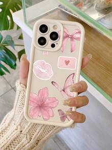 1 pieza Funda protectora de teléfono con diseño de patrón floral de lazo de labios de mariposa, anti-caída y gruesa, compatible con iPhone 11 Pro Max/12 Pro Max/13 Pro Max/14 Pro Max/15 Pro Max/16 Plus/16 Pro Max, 16E, Galaxy A55/Galaxy A15/Galaxy S24 Ultra/Redmi, OPPO/Realme, VIVO, Infinix, Honor, MOTO, One Plus - Blanco - Ver 2