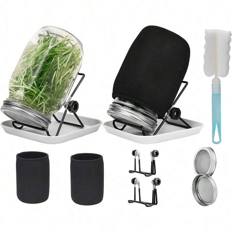 2 1000ml Bean Sprout Cups With Two Stainless Steel Strainer Lids, Stand And Brush For Growing Broccoli, Alfalfa, Green Beans And More - Translucent - View 1