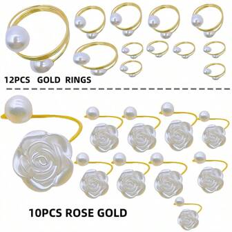 1/10pcs Elegant Asymmetrical Gilded Napkin Ring With Faux Pearl Rose Flower Spring Design,Unique Dining Table Decor,Suitable For Weddings,Parties,High-End Catering Events And Special Occasions,Modern And Vintage Style Tablecloth Decoration