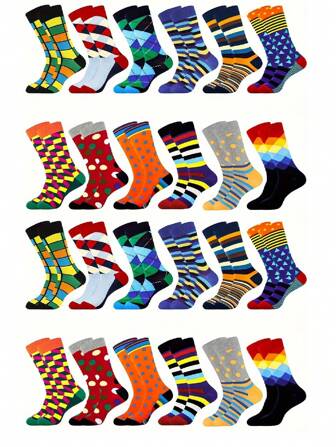 12 Pairs Random Men's Multicolored Mid-Calf Socks, Funny Fun Crazy Novelty Cool Socks For Daily Life, Gift For Men Crew Socks Funny Gifts For Men/Teenagers On Christmas/Father's Day/Birthday, Fall Socks