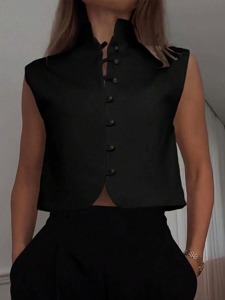 Áo tank top không tay thanh lịch dành cho nữ, chất liệu vải dệt màu trơn, kiểu dáng thường ngày mùa hè màu đen.