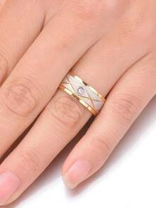 1 件永久不褪色格子水钻金色不锈钢戒指，情侣首饰，男友生日礼物