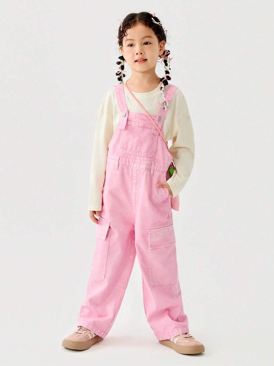 mini bala 女童柔软牛仔背带裤2025春季甜美休闲裤 - 粉紅色調 - 查看 1