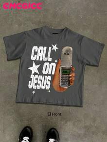 EMCGICC CALL ON JESUS,Y2k,Graphic Shirt Men's Summer Short Sleeved Pure Cotton Comfortable And Breathable Casual Outdoor Street Round Neck T-Shirt, A High-Quality Fashion Brand, A Surprise Gift For Family And Friends. - 灰色 - 查看 1