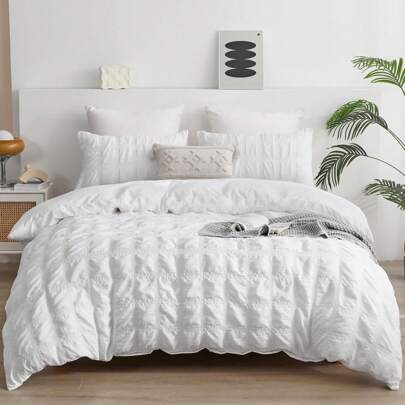 مجموعة غطاء لحاف 2/3 قطعة من القماش المنقوش الناعم، مجموعة ملاءات سرير خفيفة الوزن وقابلة للتنفس، مزينة بالكشكشة والخطوط المنسوجة، غطاء لحاف مع إغلاق بسوستة بدون حشو