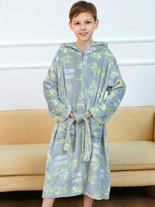 青少年男孩全身游戏机印花拼布口袋系带连帽长袍 - 彩色 - 查看 5