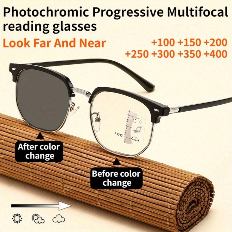 Fashion Progressive Reading Glasses With Color-Changing Effect, Suitable For Both Men And Women | Metal Square Reading Glasses With Presbyopia Correction - Vàng - Xem 1