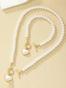 2 pezzi/Set Gioielli da donna, Set Collana e Braccialetto con Ciondolo a Forma di Cuore e Perle, Stile Bohémien, Adatto per Spiaggia, Feste, Uso Quotidiano Casual - Bianco - Visualizzare 3