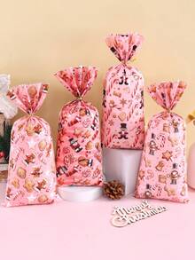 25/50/100pcs Pink Merry Christmas Plastic Gift Bags, Gingerbread Man Pattern, Transparent Candy Bags With Ribbon, 2026 Christmas Decoration, Suitable For Home Christmas Celebration, Durable Party Gift Bags, Gift Wrapping Bags, Winter Holiday Christmas Party Decoration, 2027 Happy New Year, Multi-Purpose Christmas Gift - Multicolor - View 5