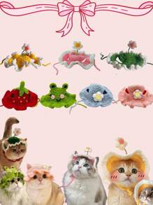 LANGXINGCS 1顶手工针织小狗/小猫/青蛙造型宠物帽，涤纶材质，趣味派对头饰，适合小型猫咪佩戴