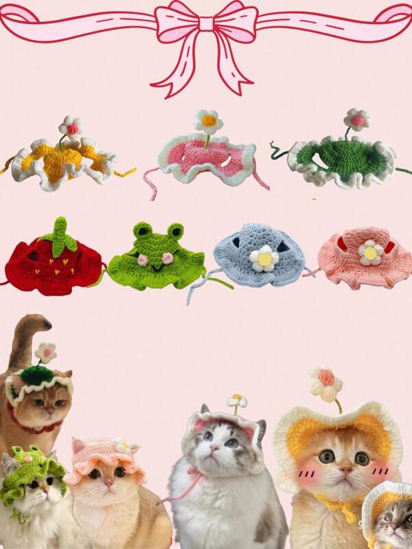 LANGXINGCS 1pc Handmade Knitted Puppy/Cat/Frog Shaped Pet Hat, Made Of Polyester, Funny Costume Party Headwear Suitable For Small Cats