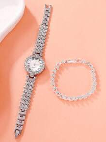 6PCS Ladies' Fashionable And Elegant Quartz Watch Set, High Luxury Full Diamond Round Roman Literal Watch, Paired With Diamond Studded Bracelet Jewelry Set, Suitable For Business, Daily And Party Wear, The Best Gift Set For Ladies.