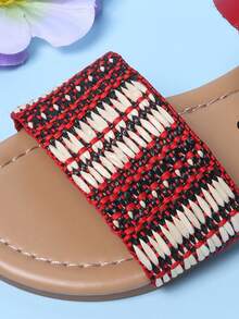 1 Pair Girls' Summer Woven Red Sandals, Minimalist Casual Fashion, Flat Beach Strap Princess Shoes, Suitable For Daily, Vacation And Travel - Red - View 7