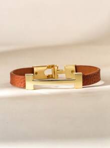 1pc Fashionable Gold Letter Leather Bracelet, Personalized Charm Gift For Girlfriend - Coffee - View 4