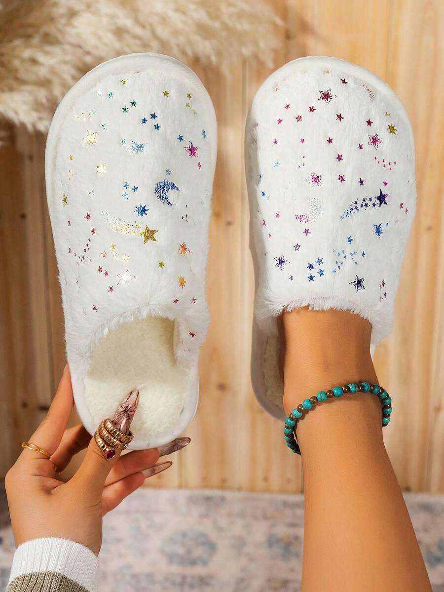 Women's Closed-Toe Plush Warm Slippers, Autumn/Winter Indoor Home Fashion Slippers For Students Dorm - White - View 1