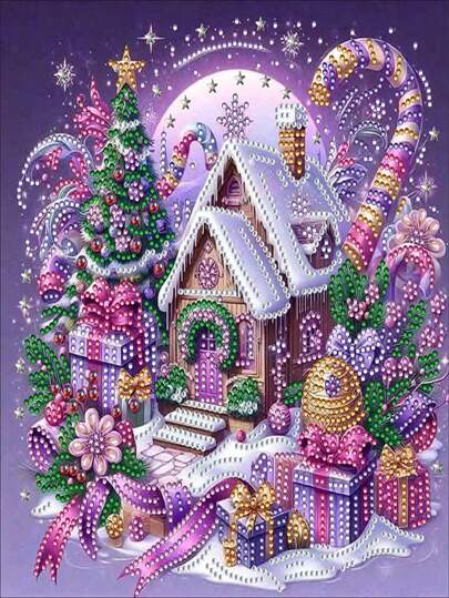 DIY 5D Weihnachts-Cottage-Diamantmalerei Set mit Schneemotiv, mit speziell geformten Kristalldiamanten, Cartoon-Themen Leinwand, Wanddekoration, ohne Rahmen