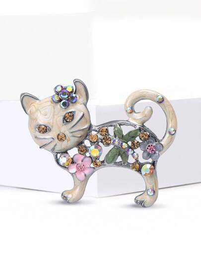 Vintage Floral Cat Brooch With Sparkling Rhinestones - Whimsical Feline Pin For Coat/Bag Decoration & Cat Lover Gifts