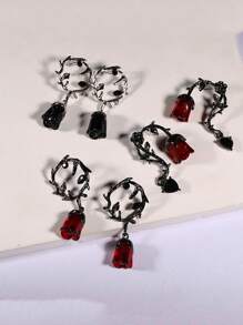 1 对哥特式荆棘藤蔓和红玫瑰花朵耳环，适合女士，万圣节 - 紅黑色 - 查看 3