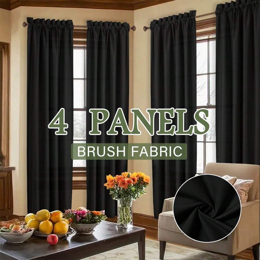 4 Pieces Of Solid Color Curtains, Filter Decorative Curtains, Bedroom, Study, Home Decoration Curtains - 黑色 - 查看 1