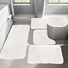 5-Piece Bathroom Rugs Set - Ultra Soft Velvet Fleece Mats, Non-Slip Absorbent Machine Washable, Contour & Toilet Lid Cover, Rectangular Mats For Modern Bathrooms, Thick Pile Foot Massage, Perfect For Bedroom Decor, Tub, Toilet Floor, Shower Room - trắng - Xem 5