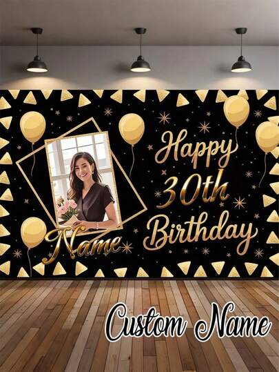 1pc - Customized "Happy Birthday" Background, Customized Black & Gold Themed Printed Poster - Personalized Birthday Party Custom Photo & Name Poster, Gold Glitter "Happy Birthday", Personalized Photo & Name, Gold 30th Birthday Party Background, Customized Name Text & Photo, Four-Hole Edging Packaging, Suitable For Party Decoration