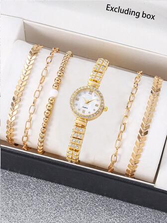 Elegant Women's Watch With Bracelet Set, Minimalist Fashion Round Dial Rhinestone Decor Small Dial Watch