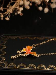 1 件不锈钢简约渐变色珐琅蝴蝶吊坠项链带流苏，适合女性派对和日常佩戴 - 金色 - 查看 4