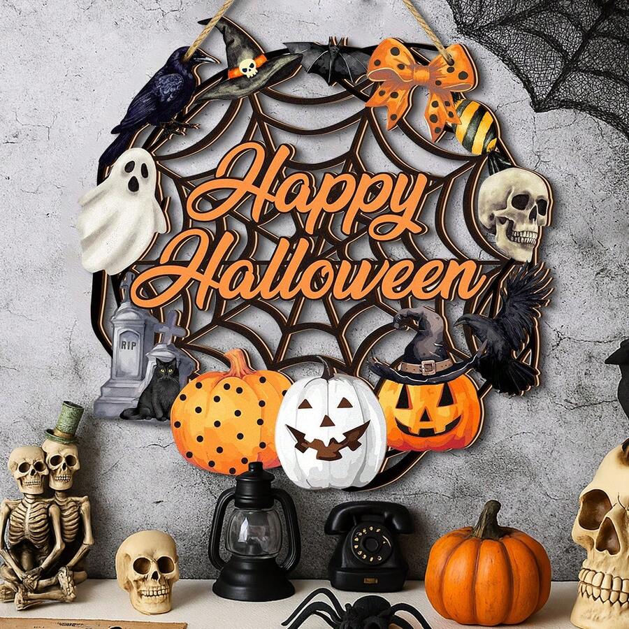 1/110pcs Available 2D Halloween Happy Horror Pumpkin Ghost Spider Web Ring Wooden Wall Decoration Signs Halloween Theme Wall Hanging Signs, Trick Or Treat Party Decoration, Restaurant Decoration, Room Decoration, Home Decoration - Multicolor - View 1