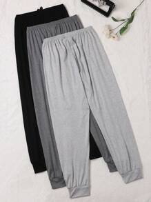 3pcs Comfortable Solid And Printed Polyester Knit Lounge Pants For Women, Casual Style Trousers For Spring, Summer And Autumn, Fall Winter Clothes - Multicolor - View 2