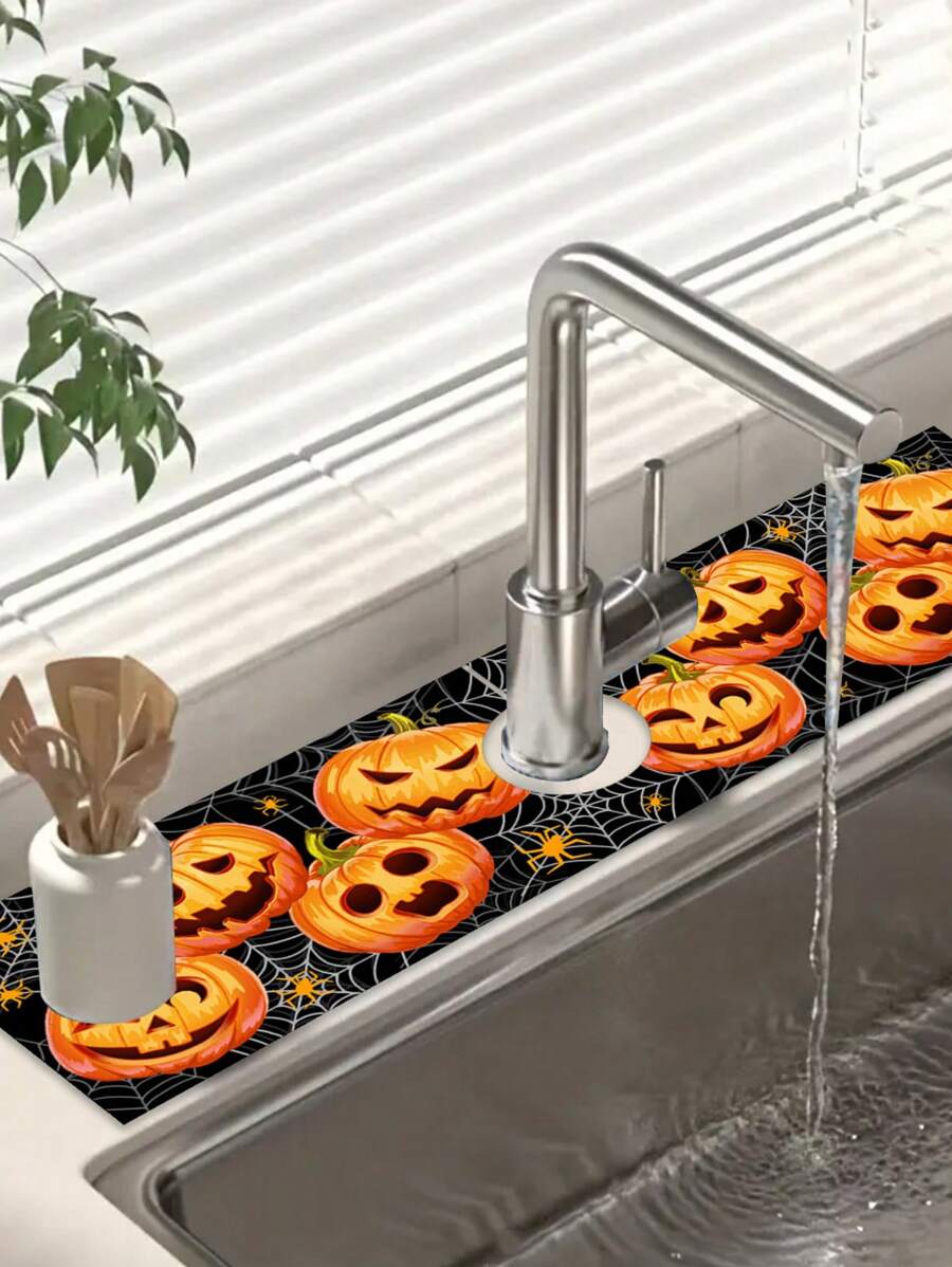 1pc/100pcs Halloween Theme Sink Mat, Funny Pumpkin & Theme Element Draining Mat, Halloween Home Decor, Kitchen Sink Decor. Party Gathering Home Decoration.
