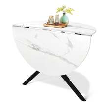 Folding Dining Table, Round Drop Leaf Table For Small Space Dining Room, Kitchen, Apartment Table - White Marble Effect - View 6