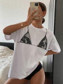 Playera estampado bikini bra grafico animal print cuadros Colorblock     Playa - Blanco y Negro - Ver 1