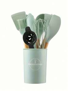 Juego de 14 utensilios de cocina con mangos de madera, que incluye espátula, cuchara y pincel para aceite con recipiente de almacenamiento. Utensilios resistentes al calor ideales para cocinar y hornear en el hogar. - Multicolor - Ver 13