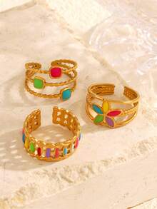 3pcs/Set Stainless Steel Minimalist Colorful Enamel Geometric Flower Open Ring Set, Suitable For Women Daily & Festival Wear - Colorful - View 5