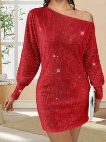 Women's Off One Shoulder Sequined Dress Slim Fit Stylish Sparkly Long Sleeve Mini Bodycon Dress - 紅色 - 查看 6