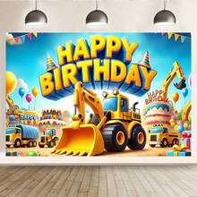 1 件装叉车工程车施工派对背景布建筑工地背景卡通建筑设施卡车横幅摄影背景适用于生日派对蛋糕桌道具