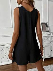 Women's Solid Color Button Design Dual Pocket Casual Sleeveless Romper Black Summer - Black - View 2