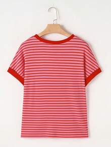 Acelitt Camiseta de punto de cuello redondo de manga corta y hombros descubiertos a rayas, talla grande, color rosa verano - Rosa - Ver 5