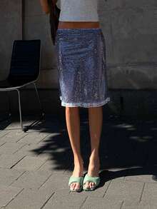 Women's Fashion Midi Skirts Sequins Lace Trim Low Waist Skirts Summer Fashion Bodycon Skirts - Màu xanh lam - Xem 5