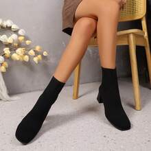 黑色踝靴，户外百搭靴，女靴，纯色靴，粗跟靴，高跟踝靴，弹力靴，一脚蹬短靴