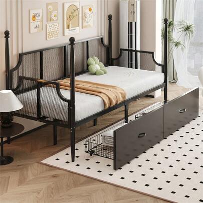 Sairedel Iron Sofa Bed 90*200, Mesh Backrest And Armrests In Vintage Style, Surrounded By High Column Support, Metal Frame With Storage Compartments, Iron Single Bed, Teenager's Bed, White