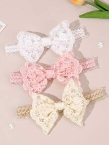 3条蕾丝蝴蝶结发带，粉色和白色网纱发带，柔软弹力尼龙发带，适合婴儿新生儿，可用于婚礼派对和宝宝日常佩戴。 - 彩色 - 查看 3