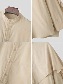 INCERUN Men Stand Collar Buttons Long Seeve Asymmetrical Casual Solid Shirt Holiday Party Loose Blouse Tops - 杏色 - 查看 4