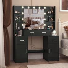 Black Dressing Table Makeup Vanity Desk With LED Lights Mirror, Drawers, Shelves, Storage Cabinets, LED Bulbs Mirror & 3 Color Modes Adjustable Brightness, Large Vanity Makeup Desk For Girls Bedroom, Modern Design Bedroom Furniture